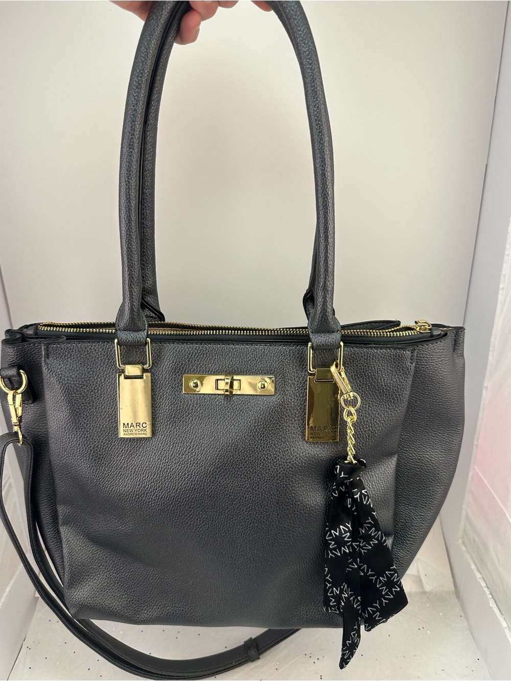 Marc New York Black Leather Shoulder Tote with Gold Hardware